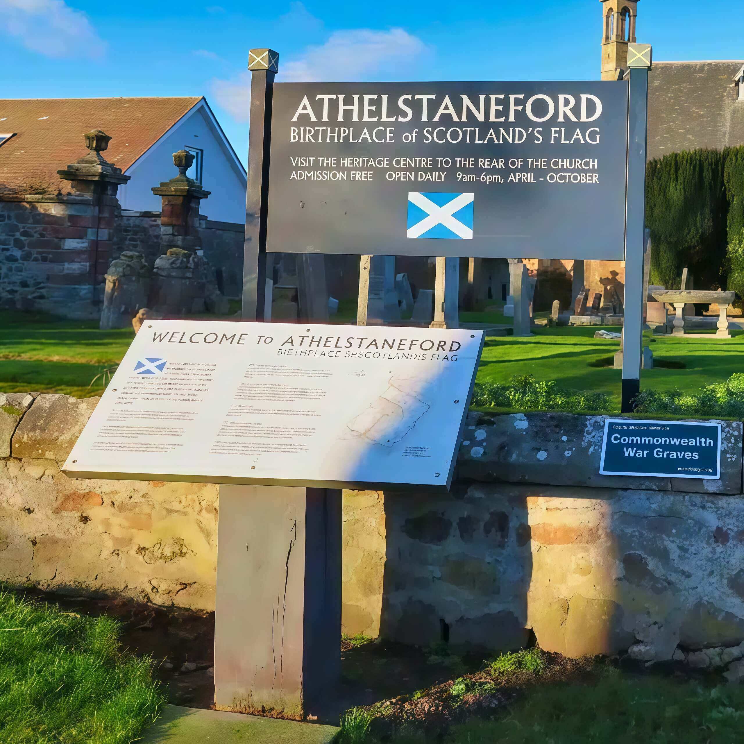Athelstaneford sign marking the birthplace of Scotland’s Flag, linked to the legend of the white Saltire appearing in the sky.