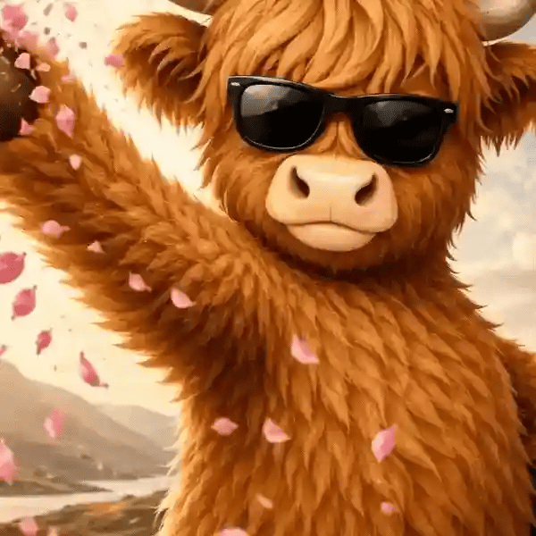 Highland cow with long shaggy hair and curved horns, an iconic Scottish cattle breed