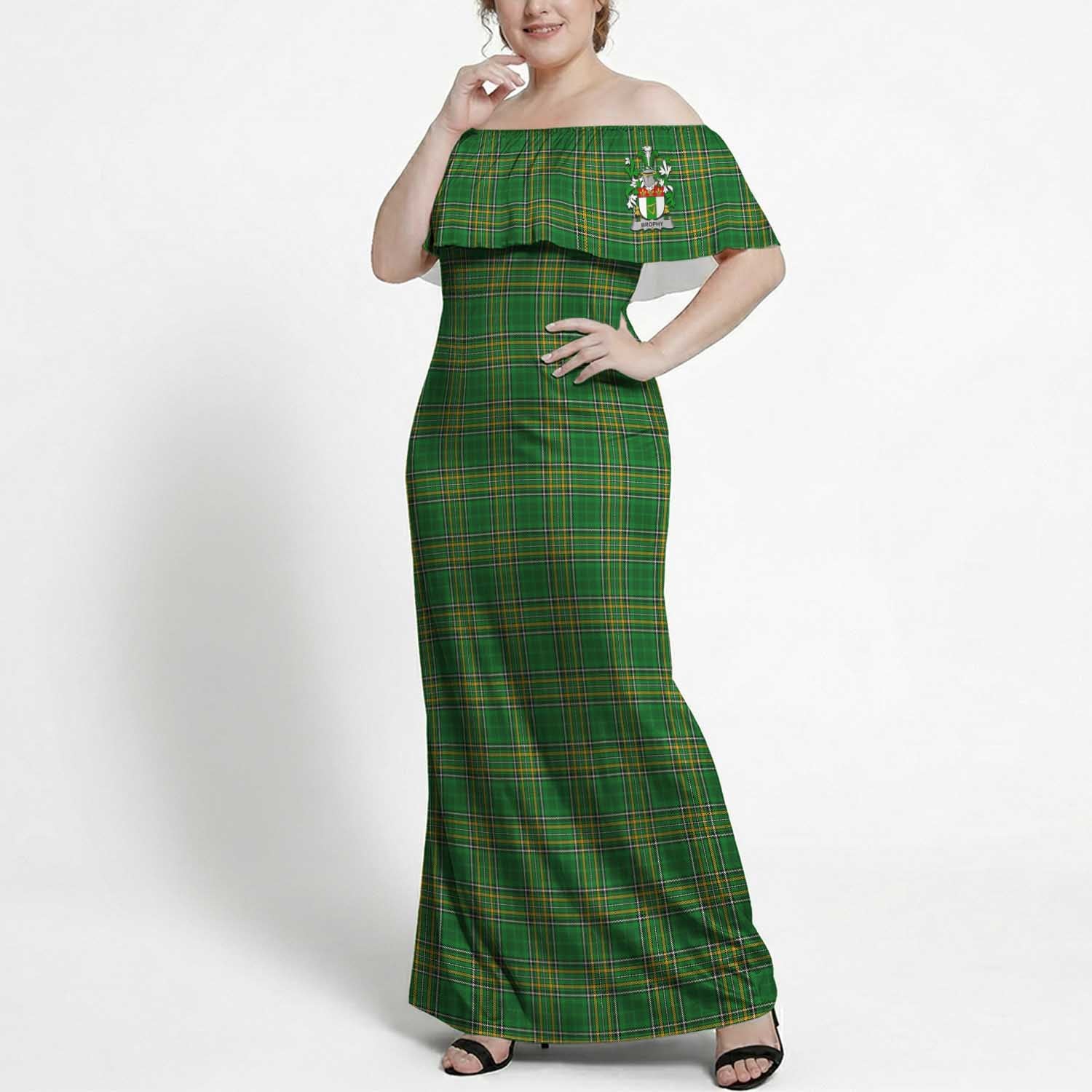 Brophy Coat of Arms Irish Tartan Off Shoulder Ruffle Maxi Dress 10XL - Tartan Vibes Clothing