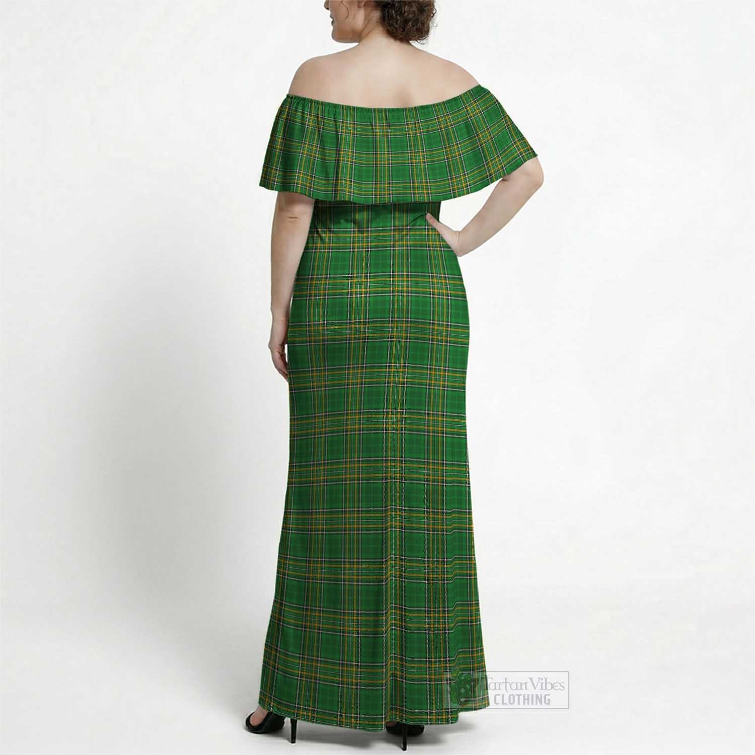 Brophy Coat of Arms Irish Tartan Off Shoulder Ruffle Maxi Dress - Tartan Vibes Clothing