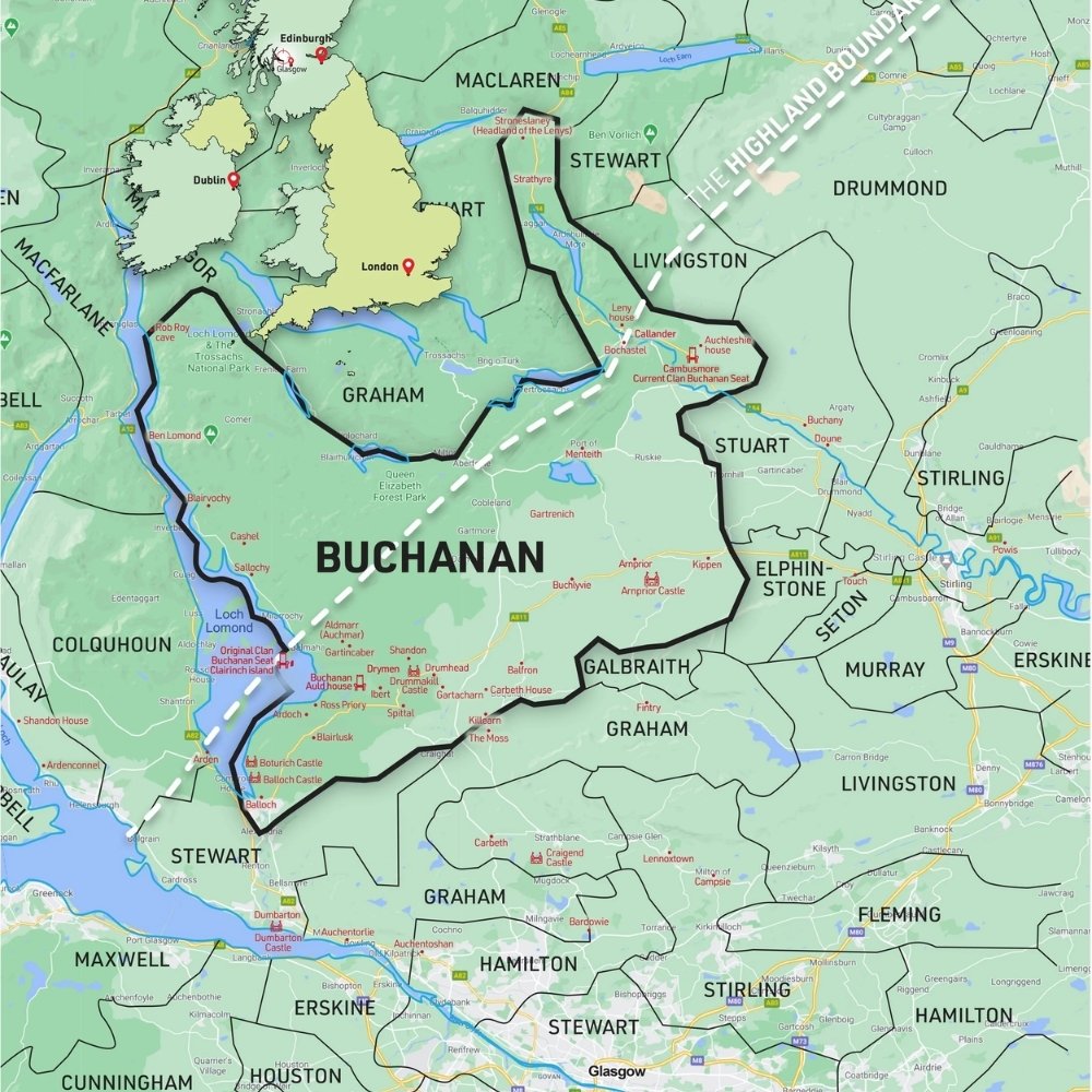 Map outlining Buchanan territory and nearby cadet branches, with labeled regions, roads, rivers, and surrounding clans.