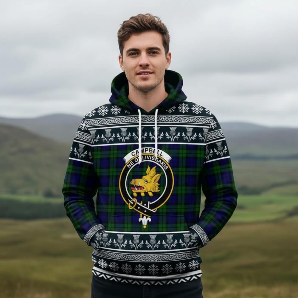 Campbell Clan Tartan Christmas Cotton Hoodie with Family Crest