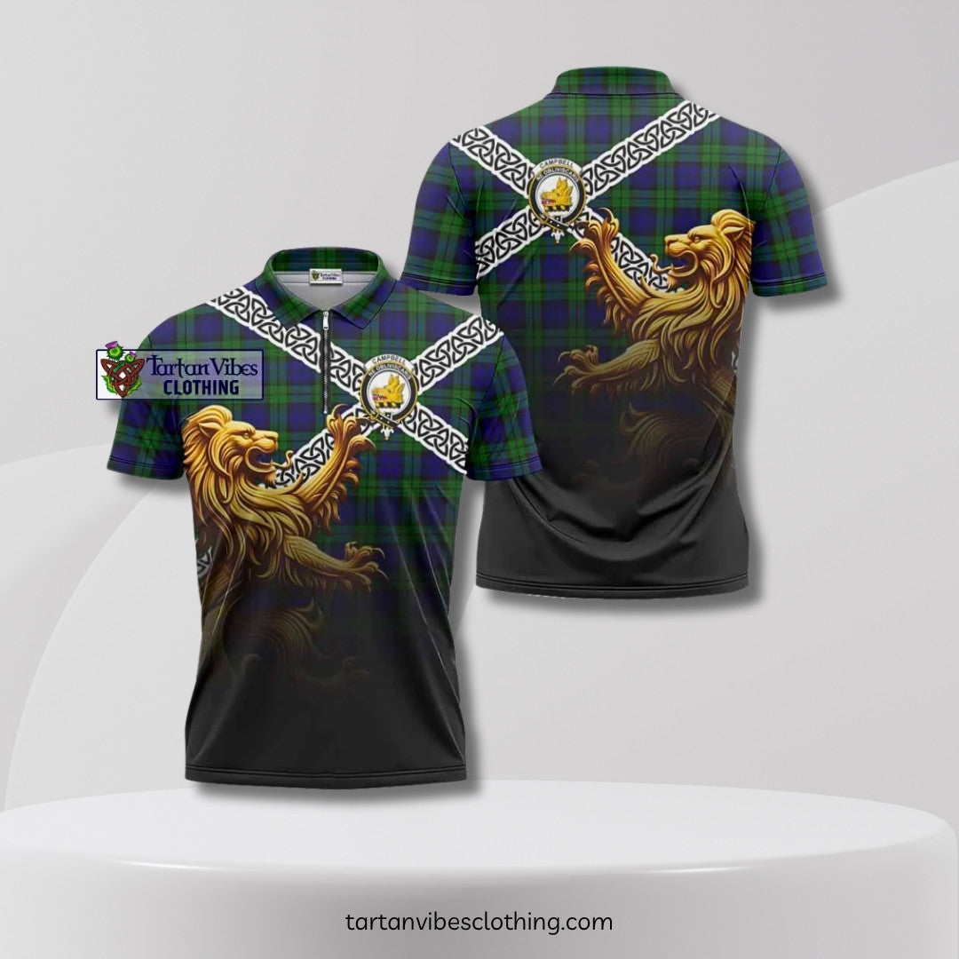 Campbell Tartan Zipper Polo Shirt with Golden Lion Emblem Celtic