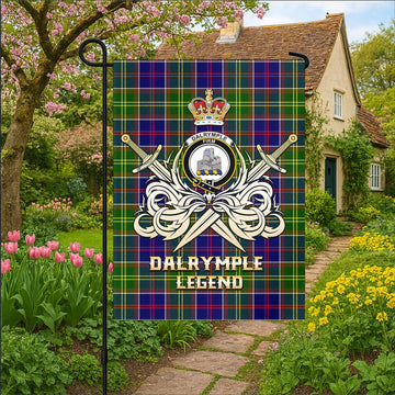 Dalrymple Tartan Garden Flag with Clan Crest and the Golden Sword of Courageous Legacy
