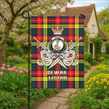 Dewar Tartan Garden Flag with Clan Crest and the Golden Sword of Courageous Legacy