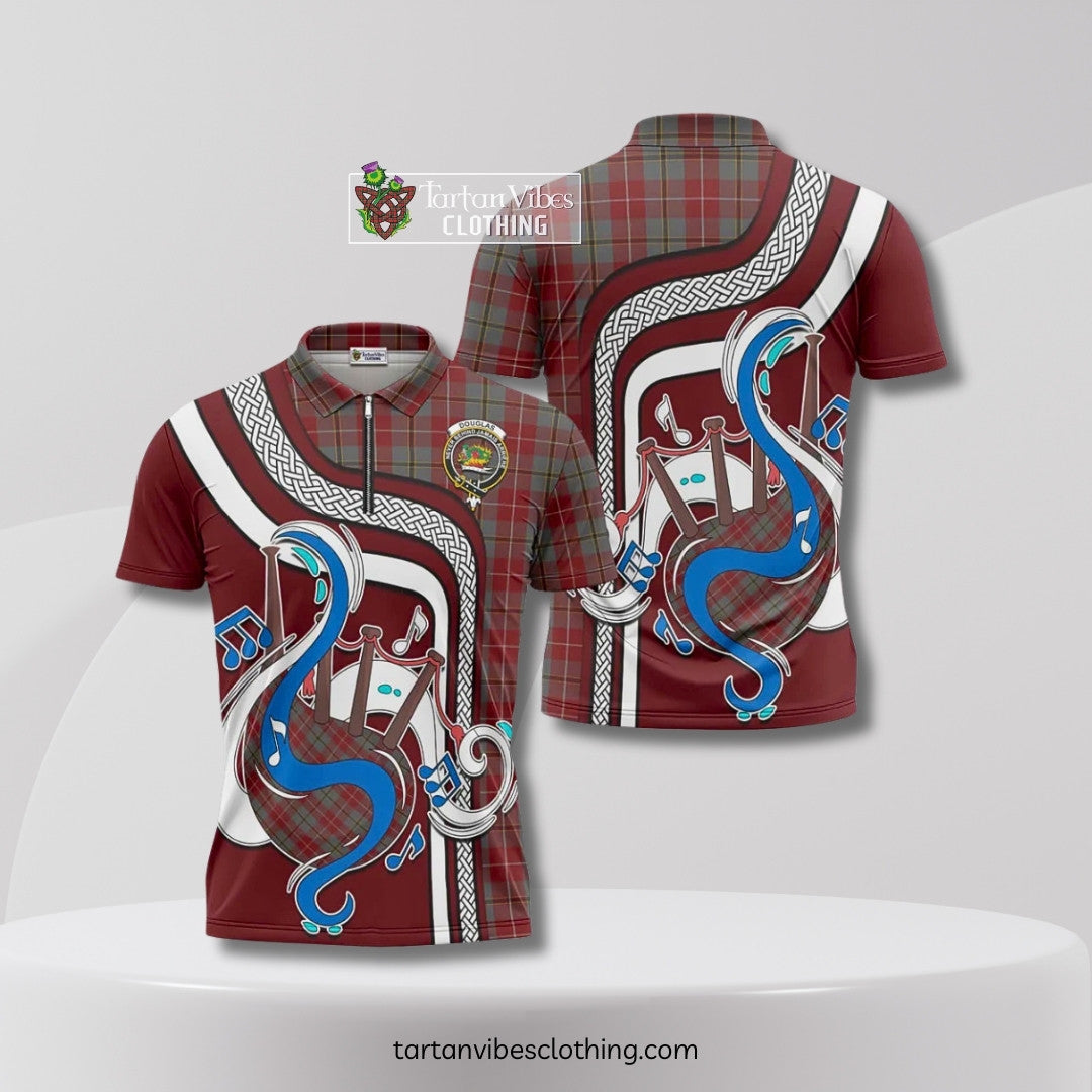 Douglas Ancient Red Tartan Zipper Polo Shirt with Epic Bagpipe