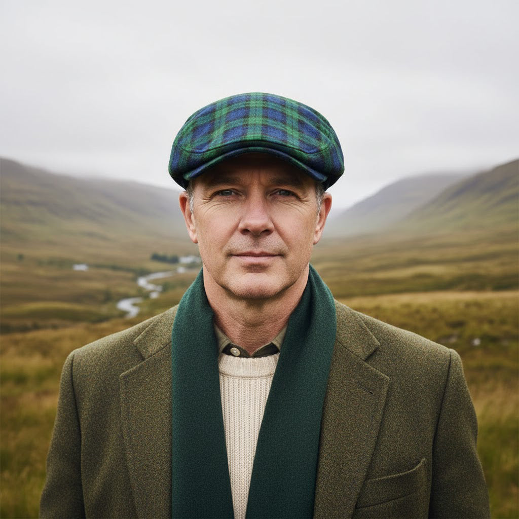 Man wearing a classic flat cap with a low rounded crown and short brim