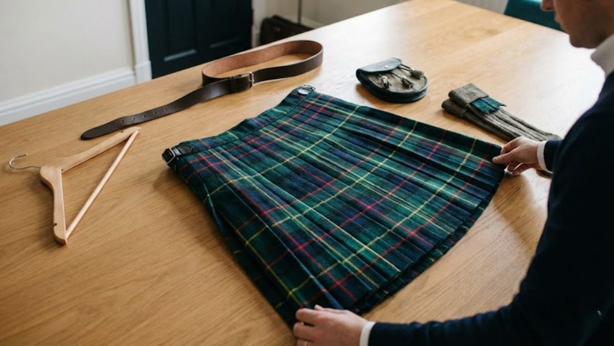 A kilt laid flat on a table with accessories removed, preparing it for folding and proper storage.