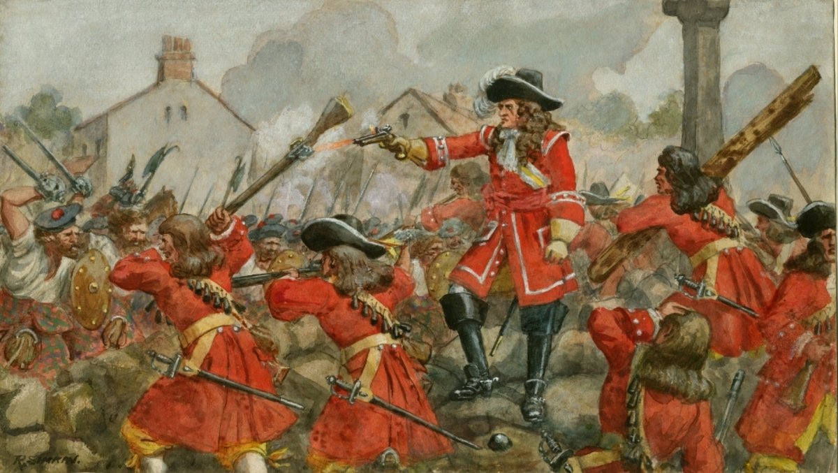 Illustration of redcoat soldiers fighting Highland warriors in a chaotic battle scene with smoke and raised weapons.