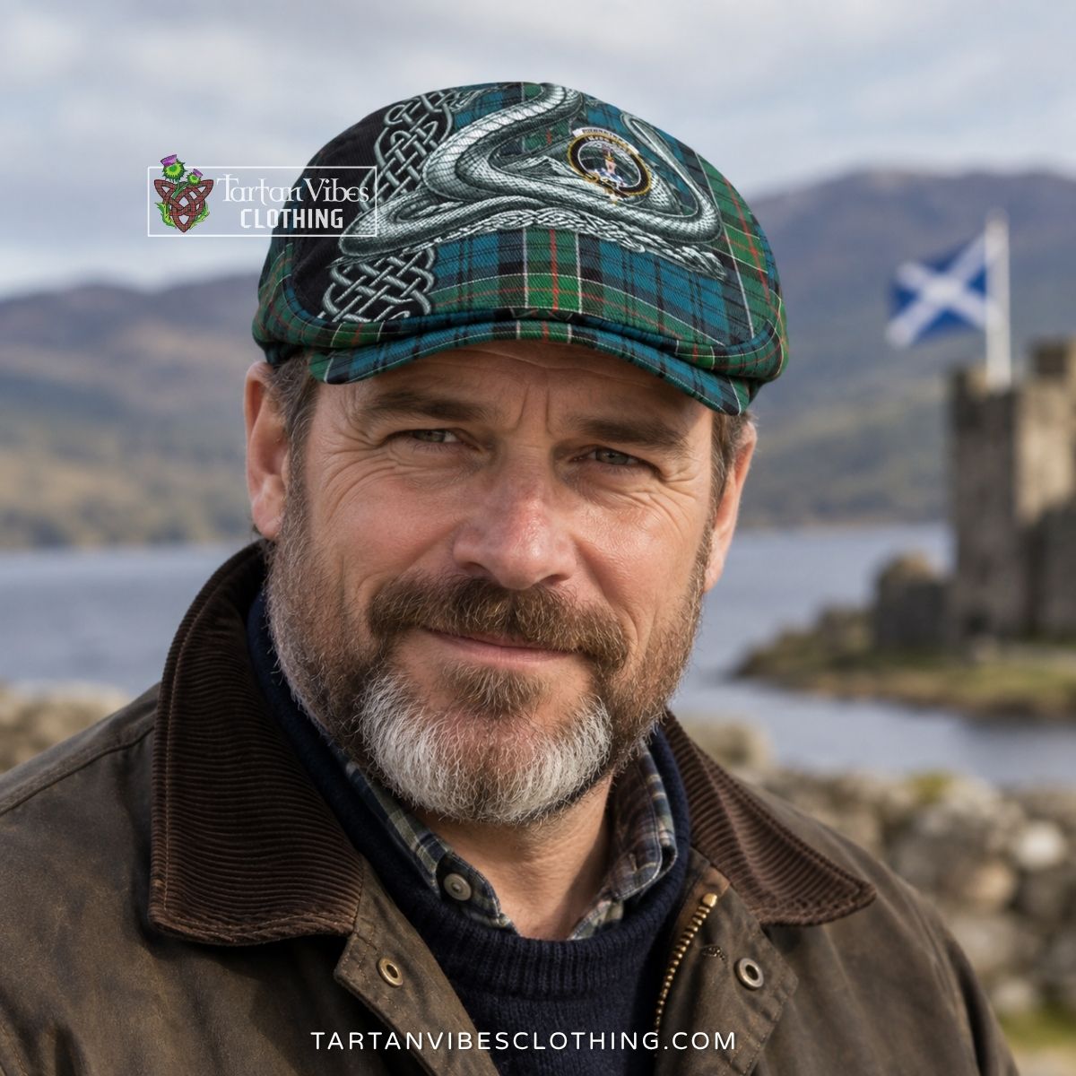 Kirkpatrick Tartan Crest Scotland Beithir Flat Cap, Jeff Cap Scottish Folklore Celtic Knot