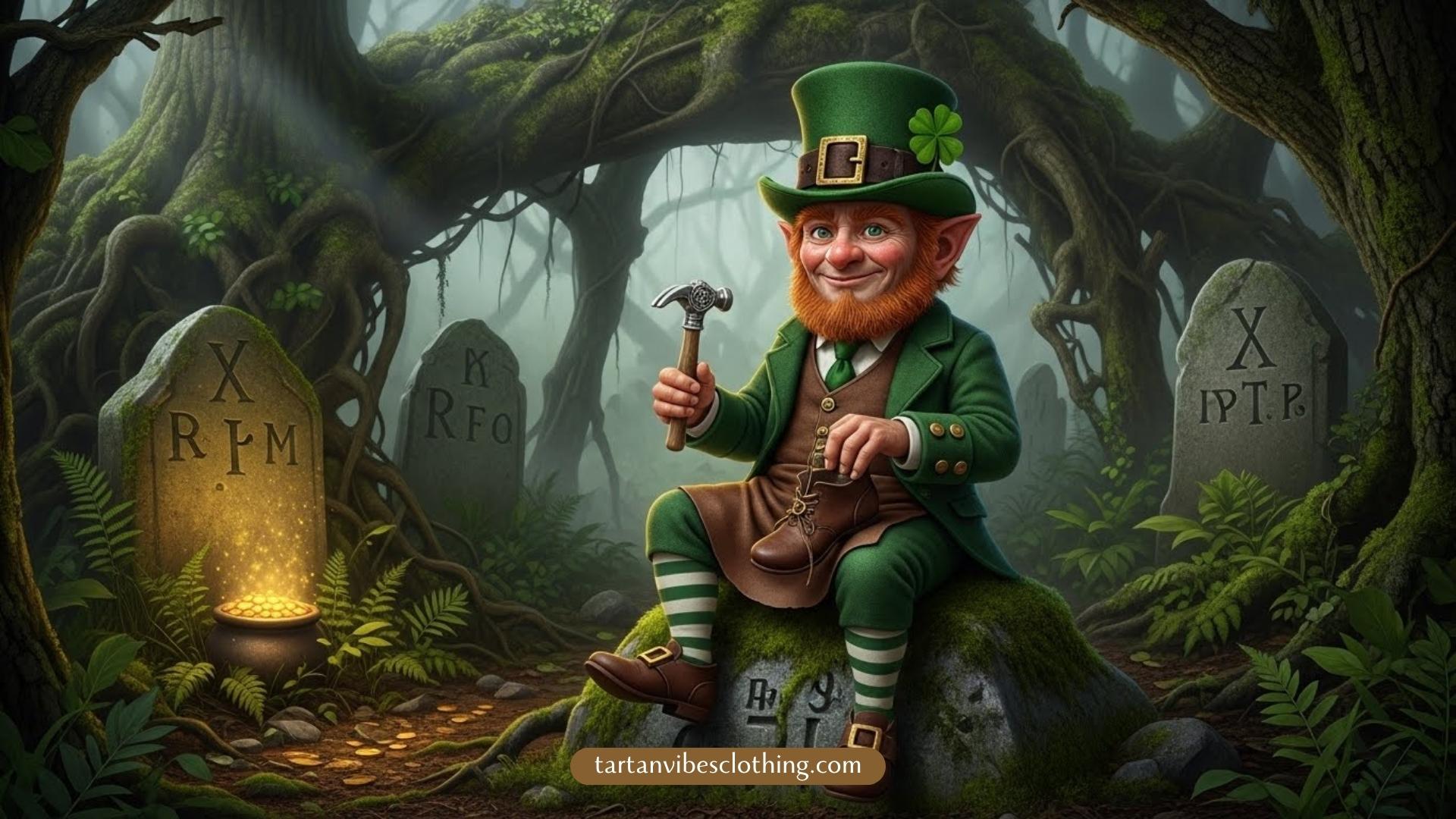 A cheerful leprechaun sitting on a mossy stone holding a hammer in a magical forest.