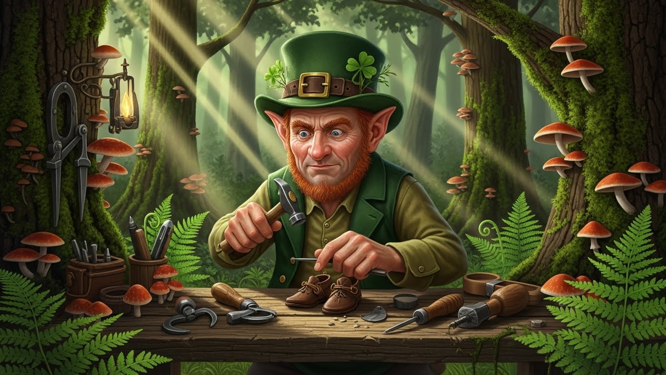 A leprechaun cobbler hammering shoes amid tools and mushrooms in a woodland scene.