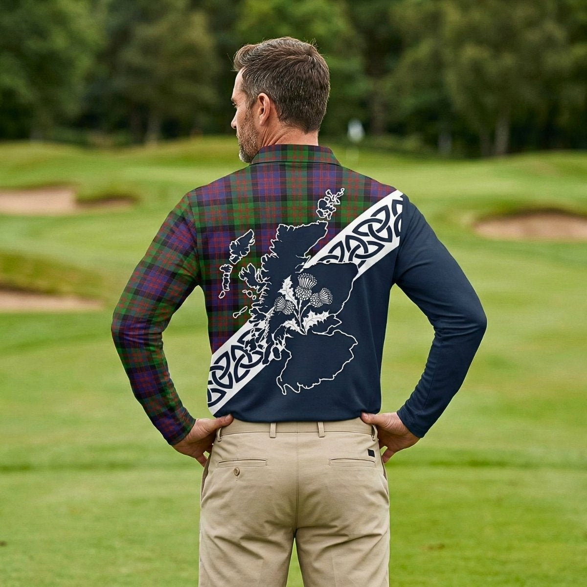 MacDonald (McDonald) Tartan Long Sleeve Polo Shirt Featuring Thistle and Scotland Map