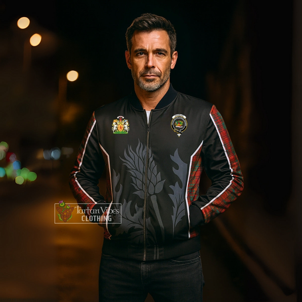 MacDougall Tartan Bomber Jacket with Crest and Scottish Thistle Vibes Sport