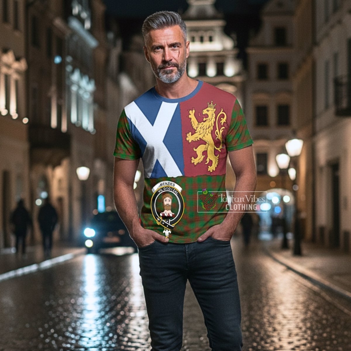 Menzies Crest Tartan T-Shirt with Lion Rampant Saltire