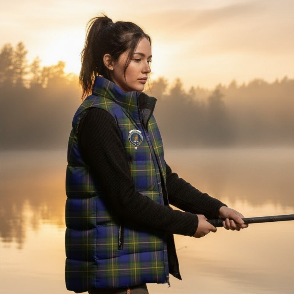 Muir Tartan Sleeveless Puffer Jacket with Family Crest