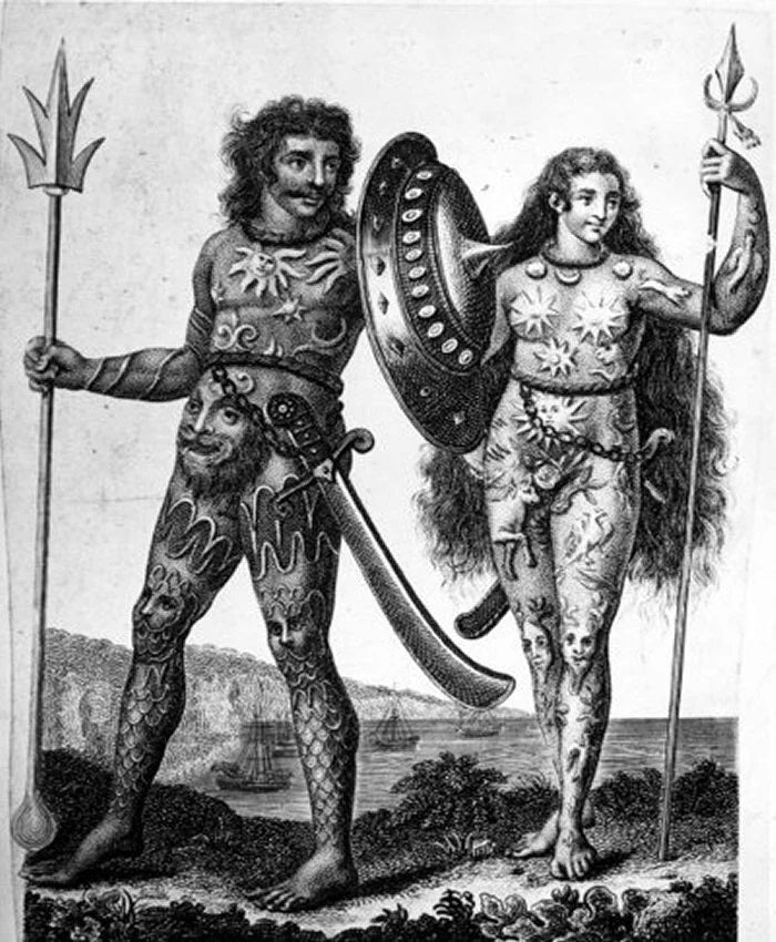 Black-and-white drawing showing Pict warriors with body art and weapons from early Scotland.