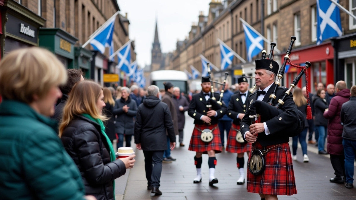 Bagpipers in kilts perform on a busy street lined with Saltire flags as crowds gather for a Scottish celebration.