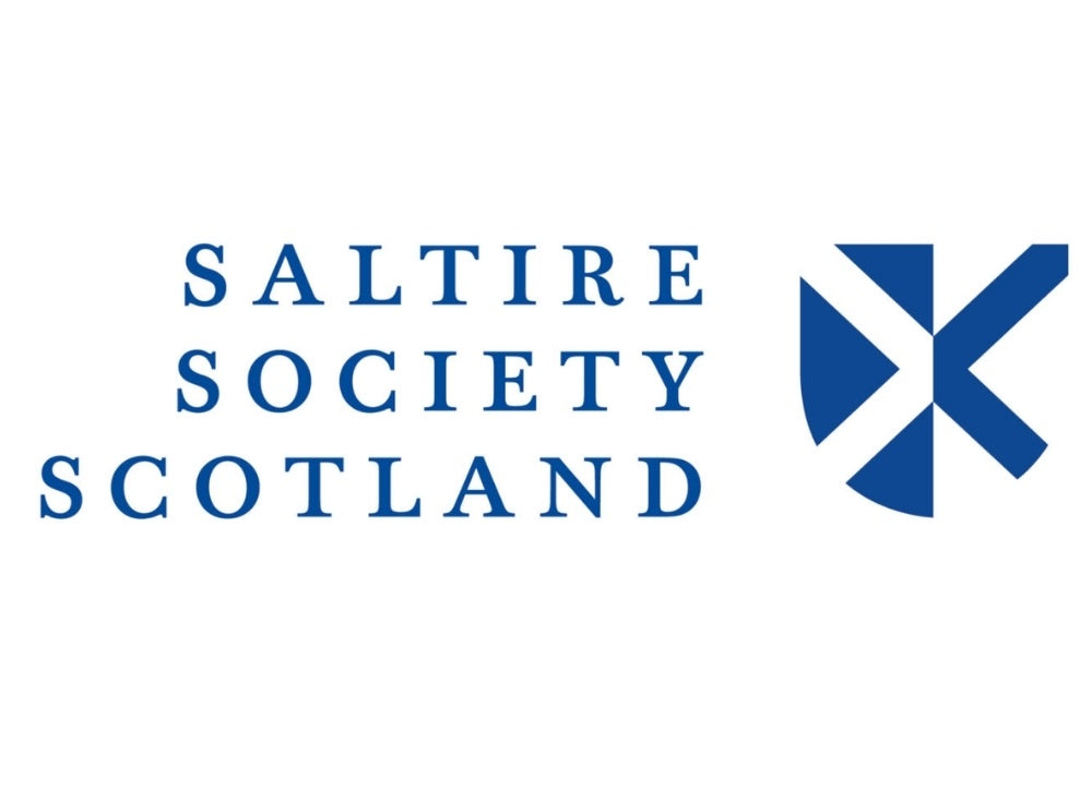 Saltire Society Scotland logo with blue text and a modern blue emblem inspired by the Saltire cross.