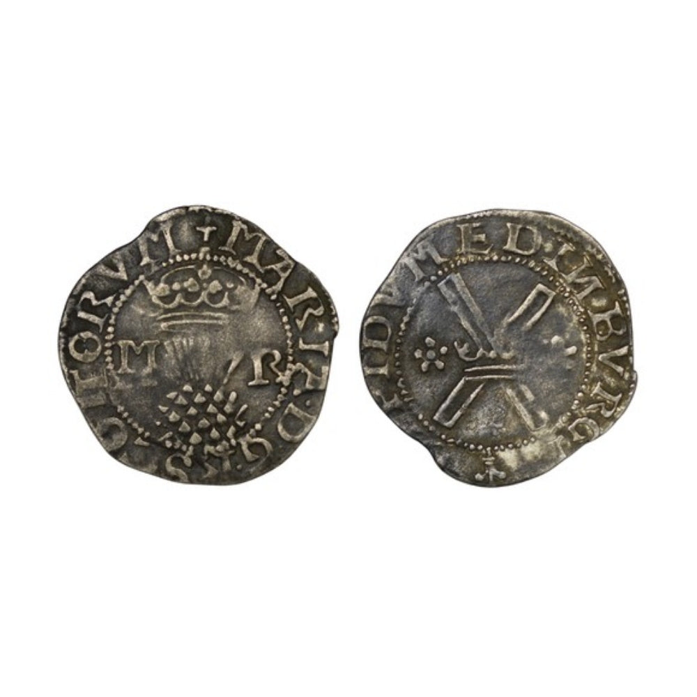 Two 16th-century Scottish coins, one with a crowned emblem and one with an engraved St Andrew’s Cross.