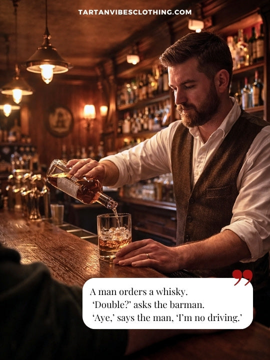 Scottish dialogue joke with bartender pouring whisky and driving punchline