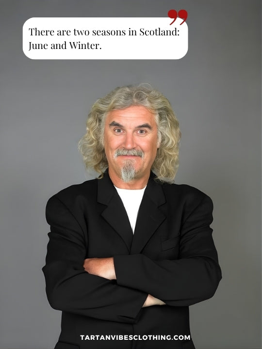 Scottish jokes list with comedian portrait and quote about Scotlandâs seasons