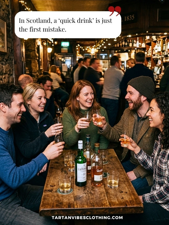 Scottish jokes scene with man in cafe and witty Scottish logic quote