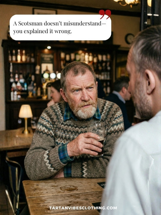 Scottish logic humor with two men in pub and witty misunderstanding quote