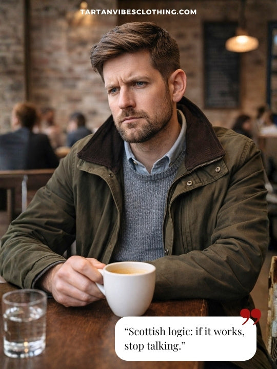 Scottish one-liner humor with man in cafe and if it works stop talking quote