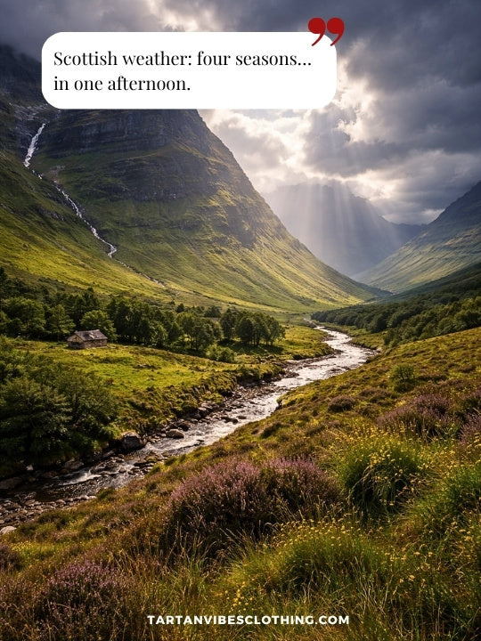 Scottish weather joke over Highland valley landscape with river and dramatic clouds