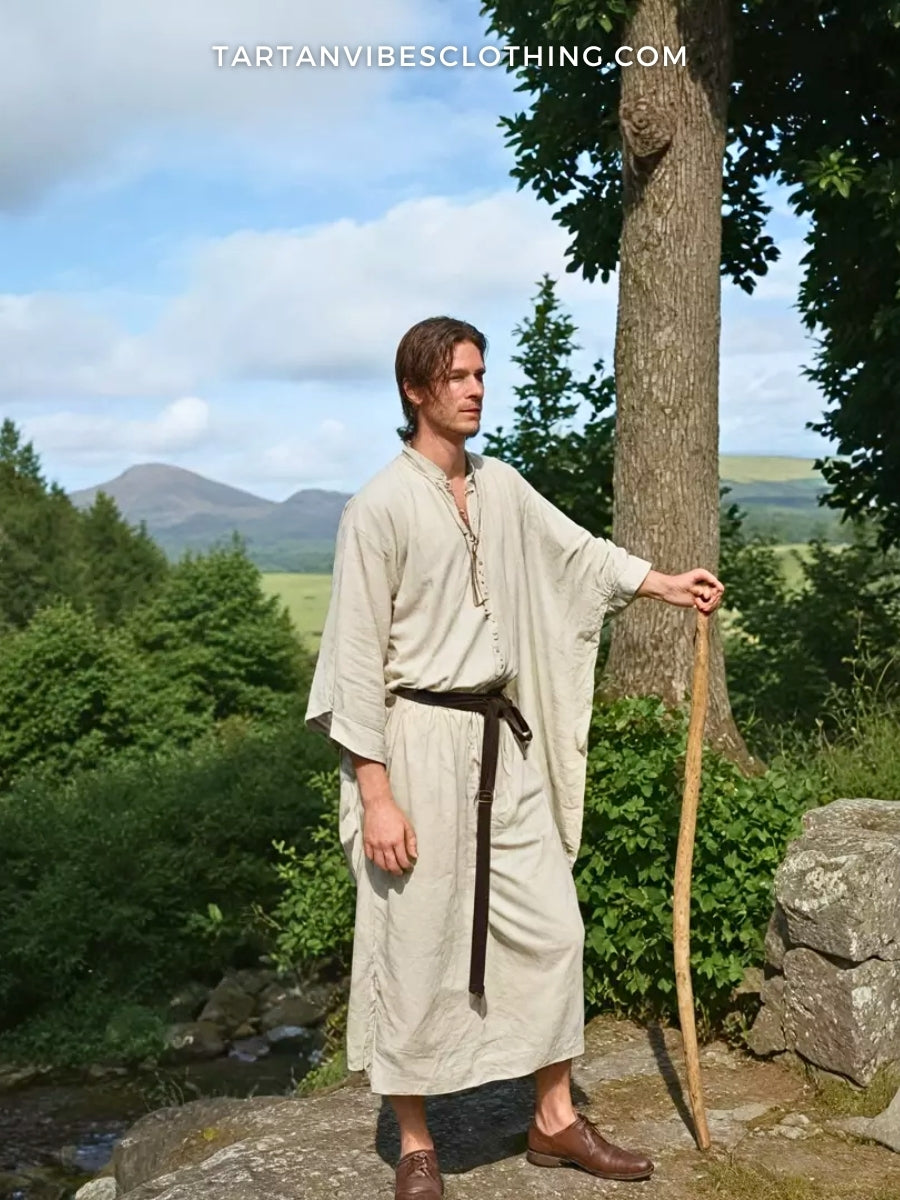 A man wearing a traditional Irish léine tunic near a forest path, representing early Irish clothing before modern kilts