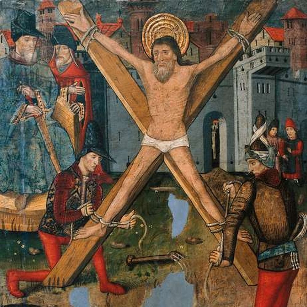 Medieval artwork showing Saint Andrew bound to an X-shaped cross, surrounded by figures preparing the crucifixion.