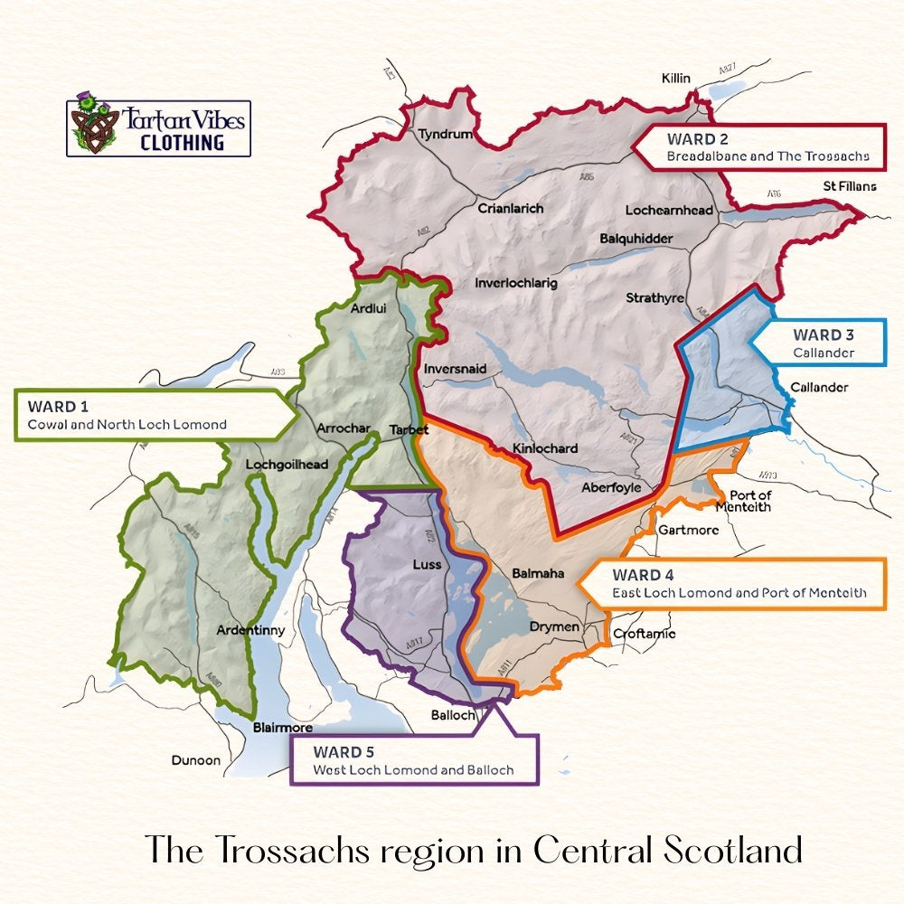Map of Callander and Trossachs showing ward boundaries and nearby towns including Leny, Aberfoyle, Balloch, and Killin.