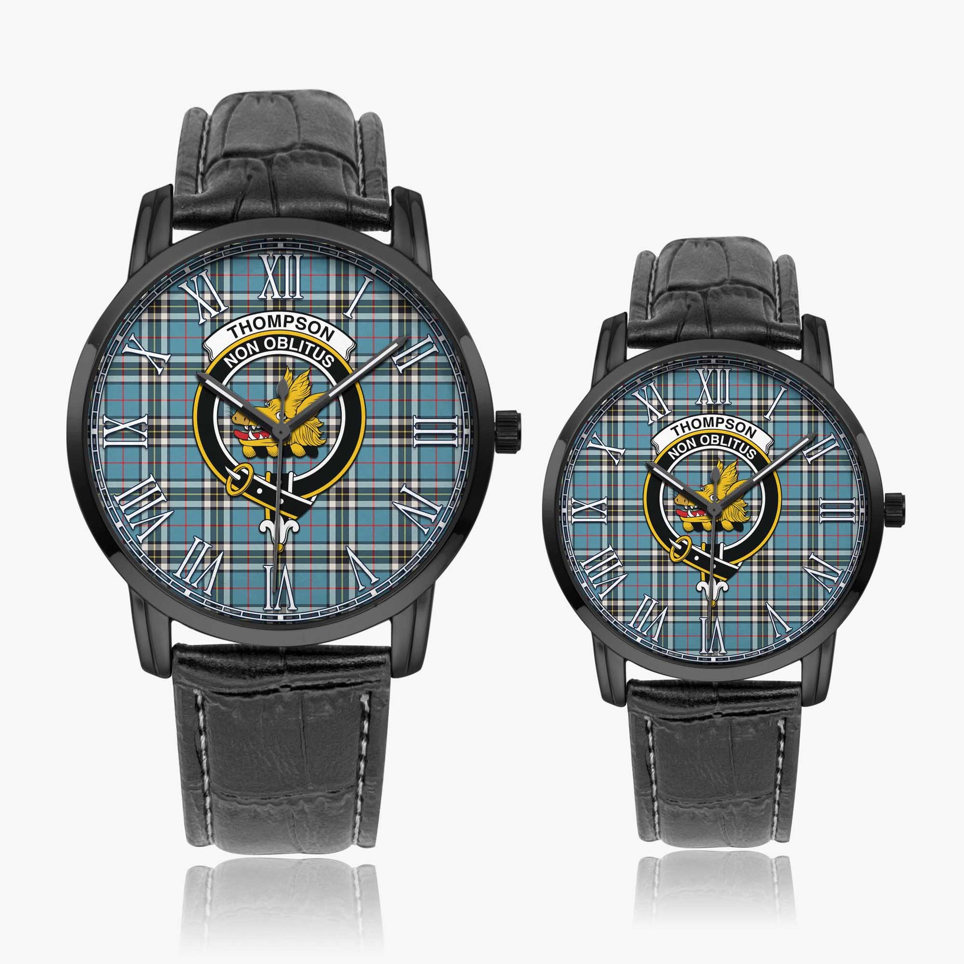 Thompson (Thomson) Tartan Family Crest Leather Strap Quartz Watch Wide Type Black Case With Black Leather Strap - Tartan Vibes Clothing
