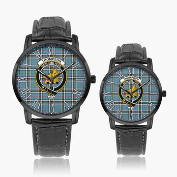 Thompson (Thomson) Tartan Family Crest Leather Strap Quartz Watch Wide Type Black Case With Black Leather Strap - Tartan Vibes Clothing