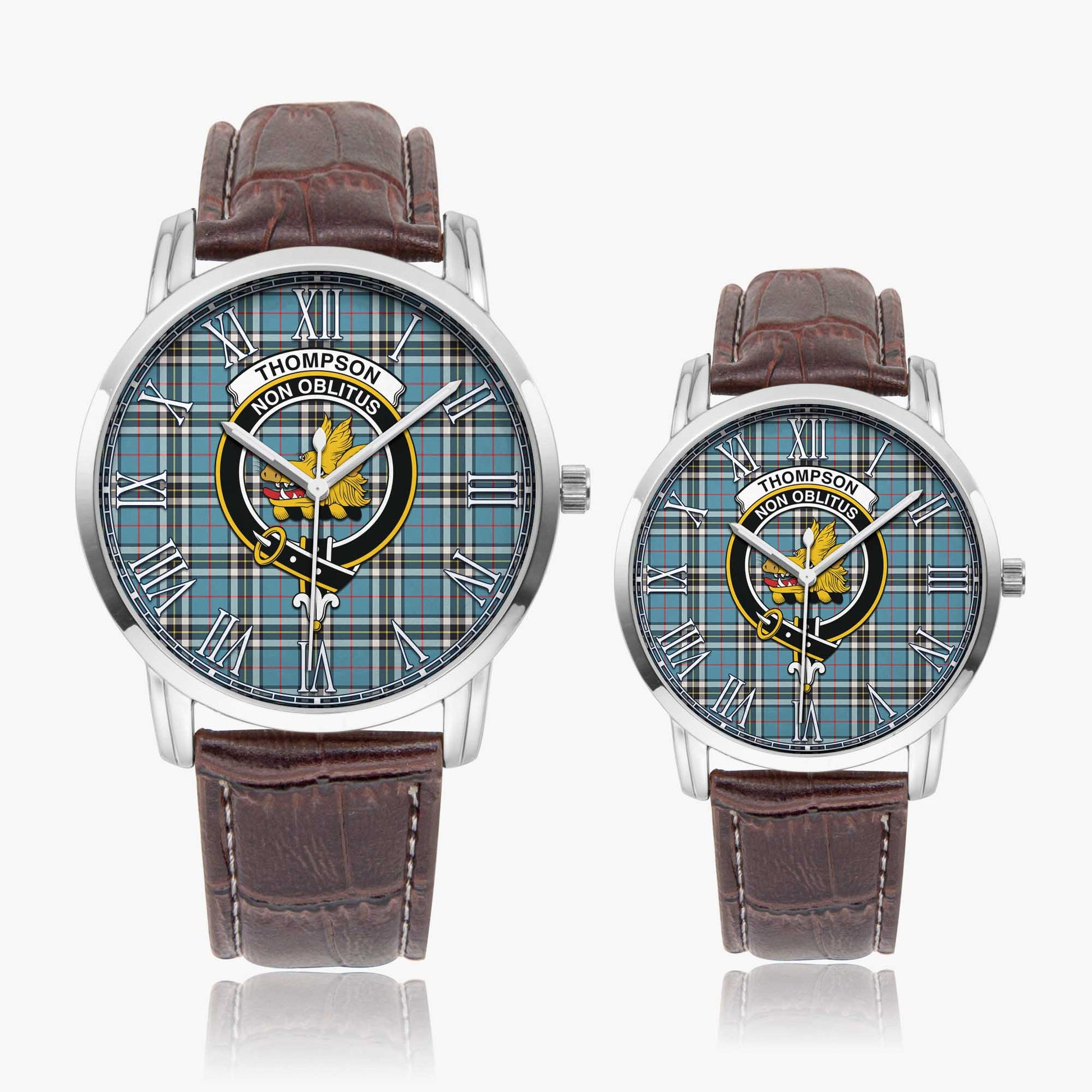 Thompson (Thomson) Tartan Family Crest Leather Strap Quartz Watch Wide Type Silver Case With Brown Leather Strap - Tartan Vibes Clothing