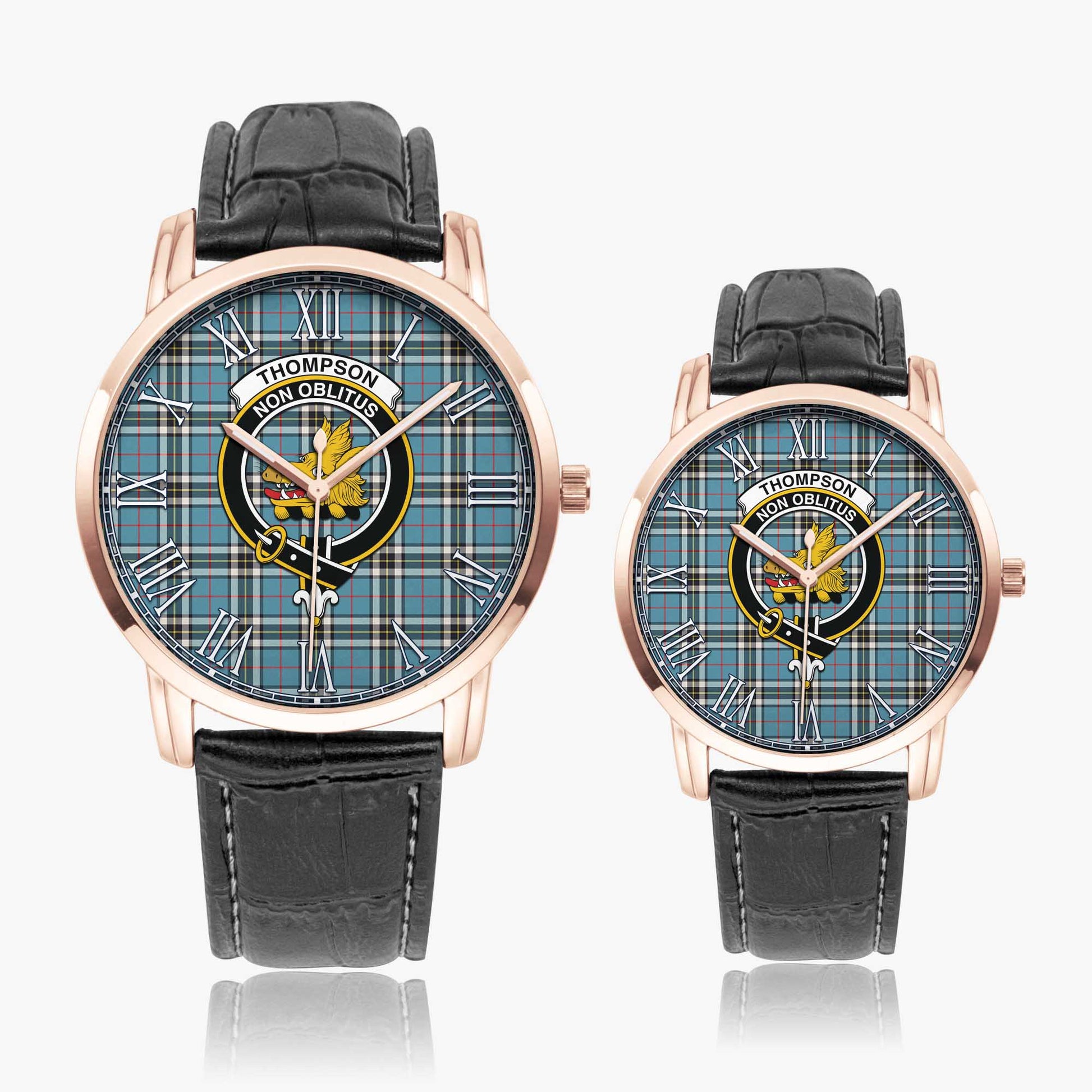 Thompson (Thomson) Tartan Family Crest Leather Strap Quartz Watch Wide Type Rose Gold Case With Black Leather Strap - Tartan Vibes Clothing