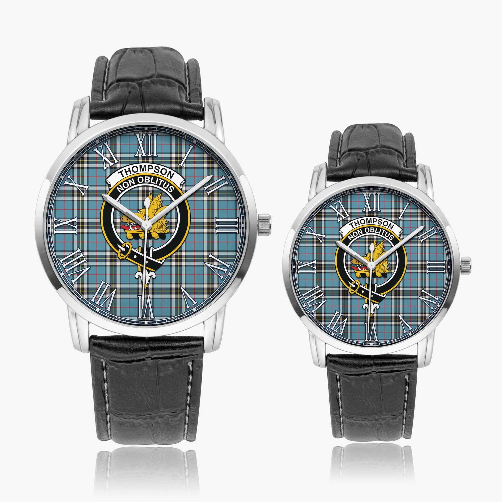 Thompson (Thomson) Tartan Family Crest Leather Strap Quartz Watch Wide Type Silver Case With Black Leather Strap - Tartan Vibes Clothing