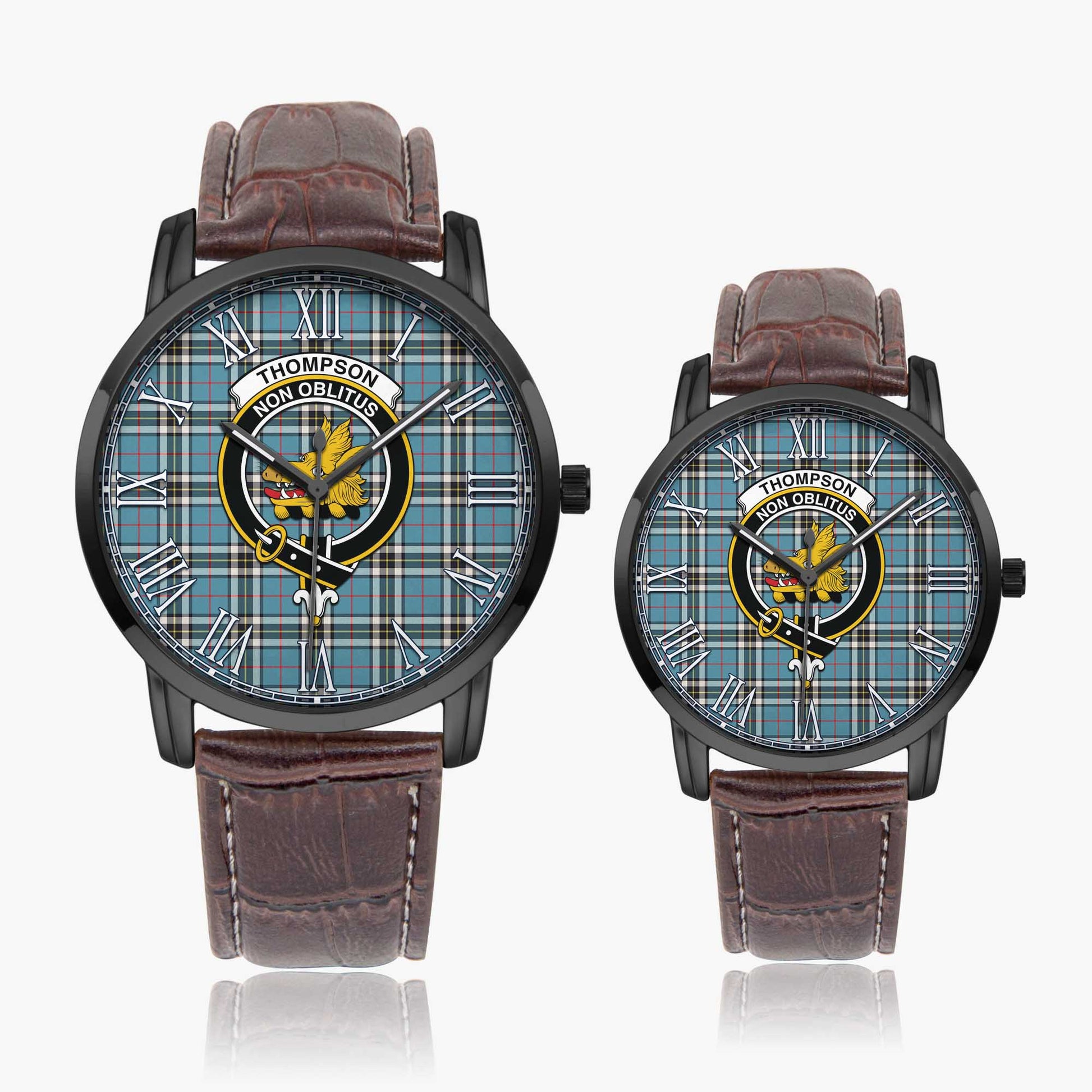 Thompson (Thomson) Tartan Family Crest Leather Strap Quartz Watch Wide Type Black Case With Brown Leather Strap 43mm - Tartan Vibes Clothing