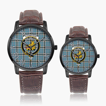 Thompson (Thomson) Tartan Family Crest Leather Strap Quartz Watch Wide Type Black Case With Brown Leather Strap 43mm - Tartan Vibes Clothing