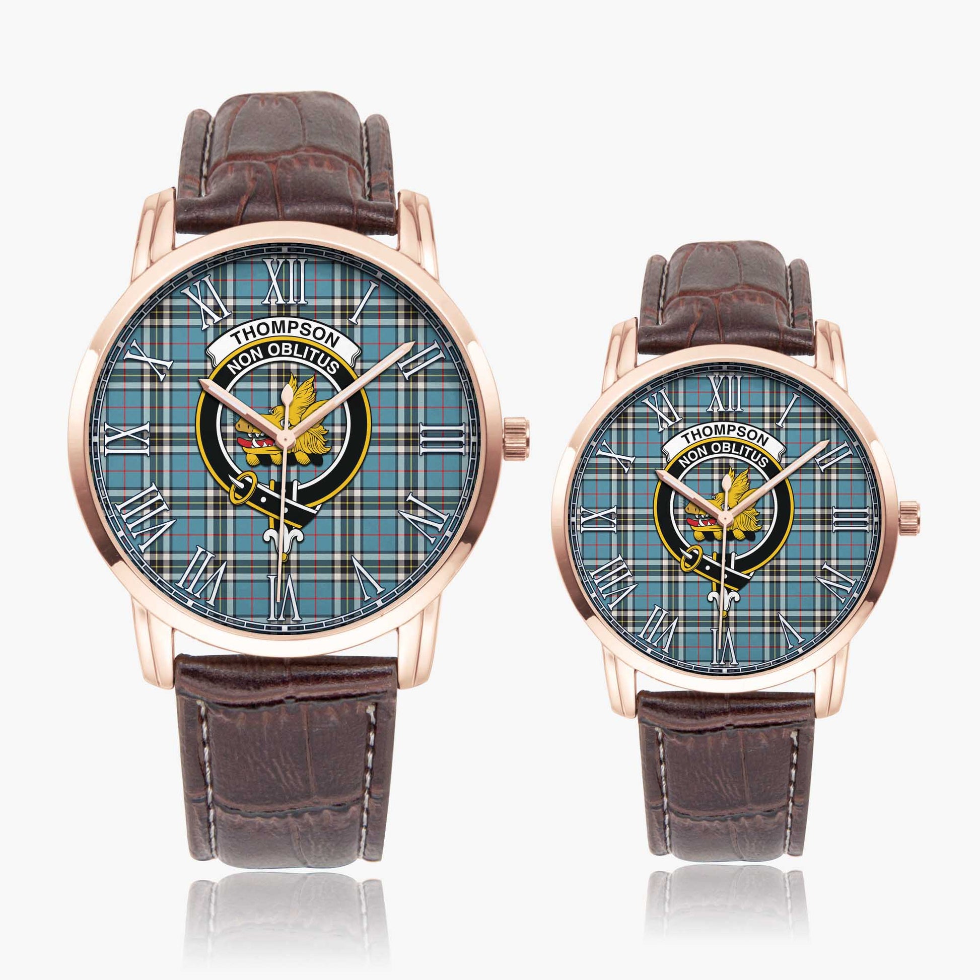 Thompson (Thomson) Tartan Family Crest Leather Strap Quartz Watch Wide Type Rose Gold Case With Brown Leather Strap - Tartan Vibes Clothing