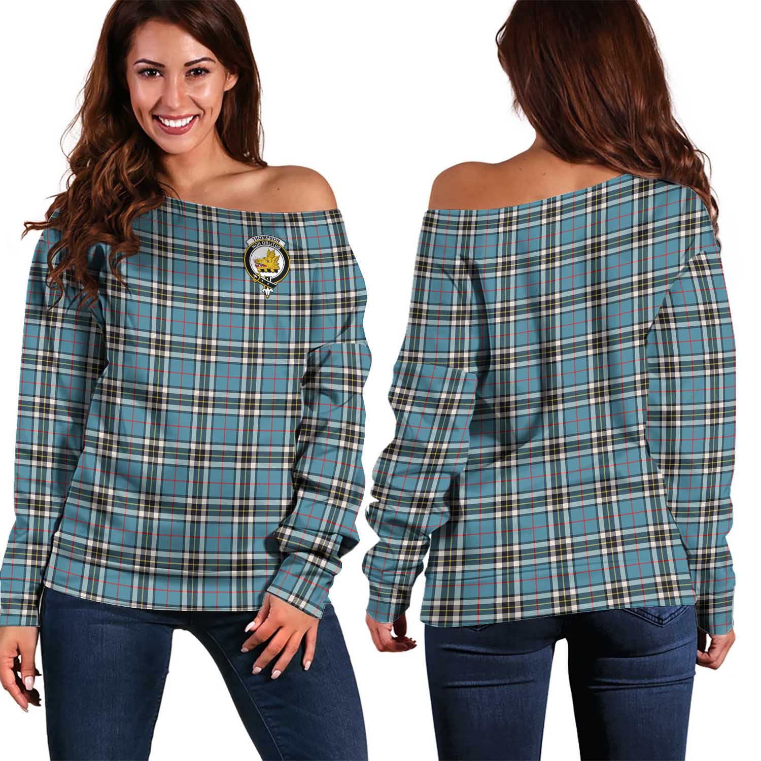 Thompson (Thomson) Tartan Off Shoulder Women Sweater with Family Crest Women - Tartan Vibes Clothing