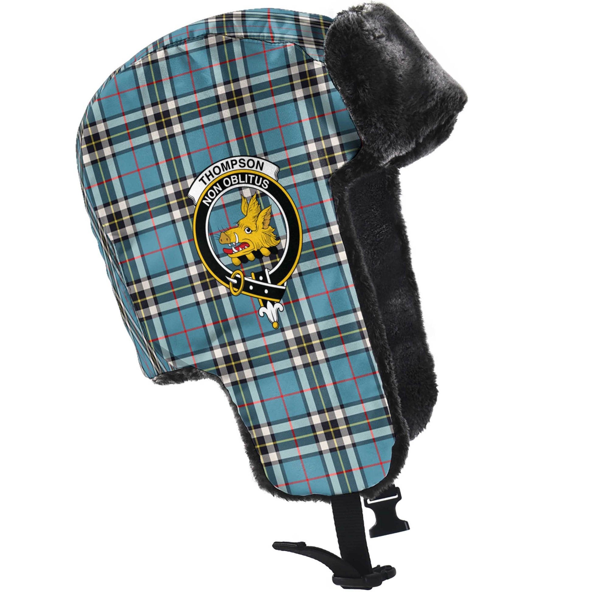 Thompson (Thomson) Tartan Winter Trapper Hat with Family Crest Winter Trapper Hat Universal Fit Circumference 22.8in (58cm) - Tartan Vibes Clothing