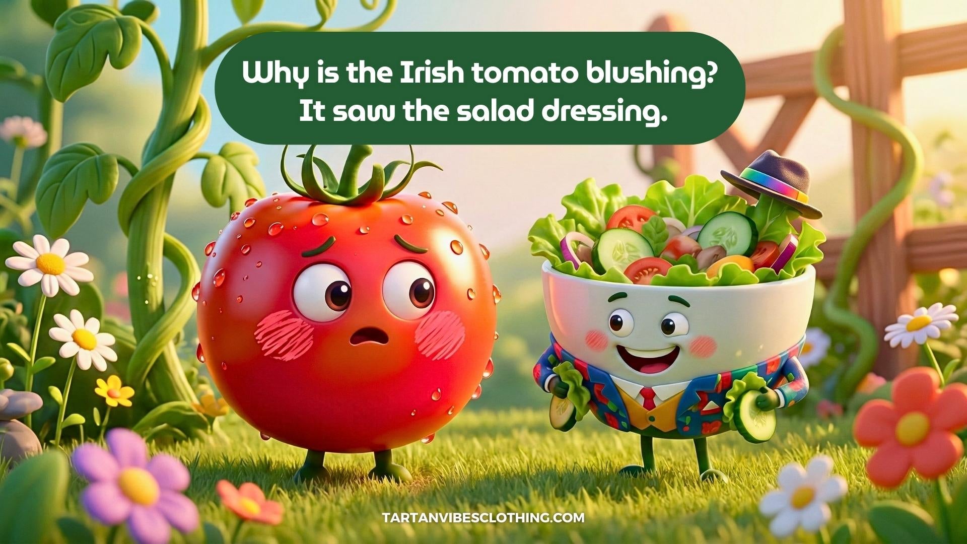 Blushing Irish tomato beside smiling salad bowl illustrating an everyday Irish-life joke.