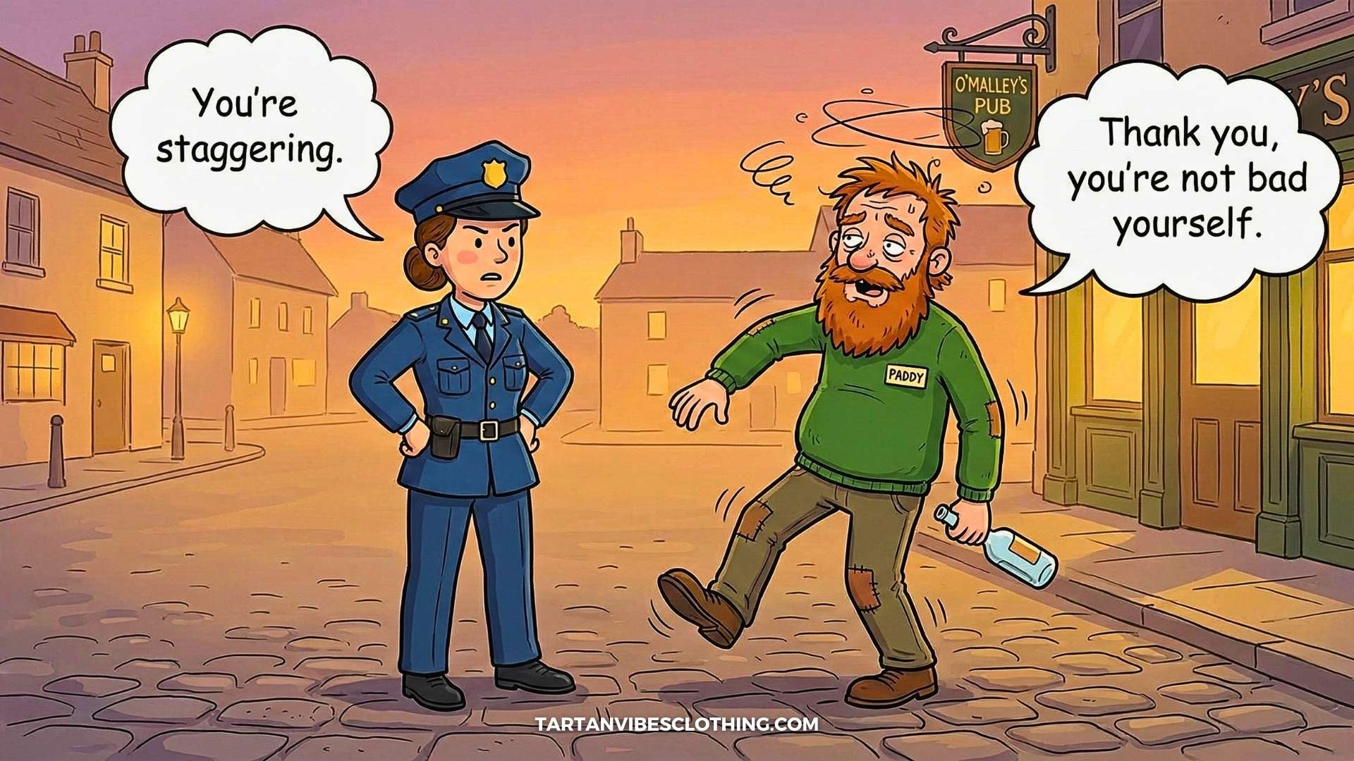 Cartoon officer and staggering man exchanging a playful light-hearted Irish pun.