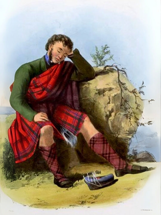 A romanticised Victorian painting of a Highland warrior wearing Munro tartan, by R. R. McIan.