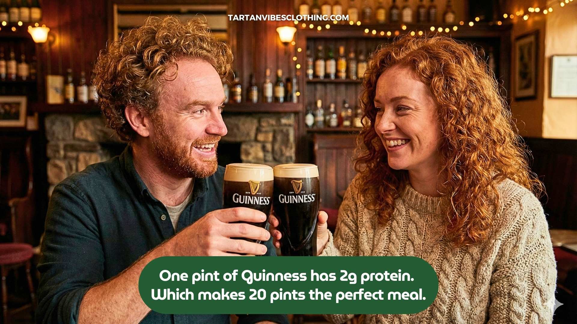 Man and woman clinking Guinness pints while sharing a playful Irish drinking joke.