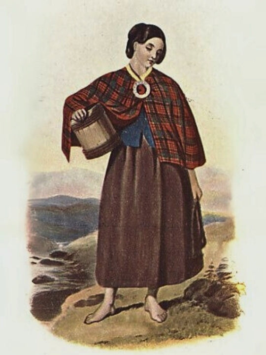 A traditional depiction of a woman wearing the MacNicol clan tartan, illustrated by R. R. McIan in Scotland, 1899.