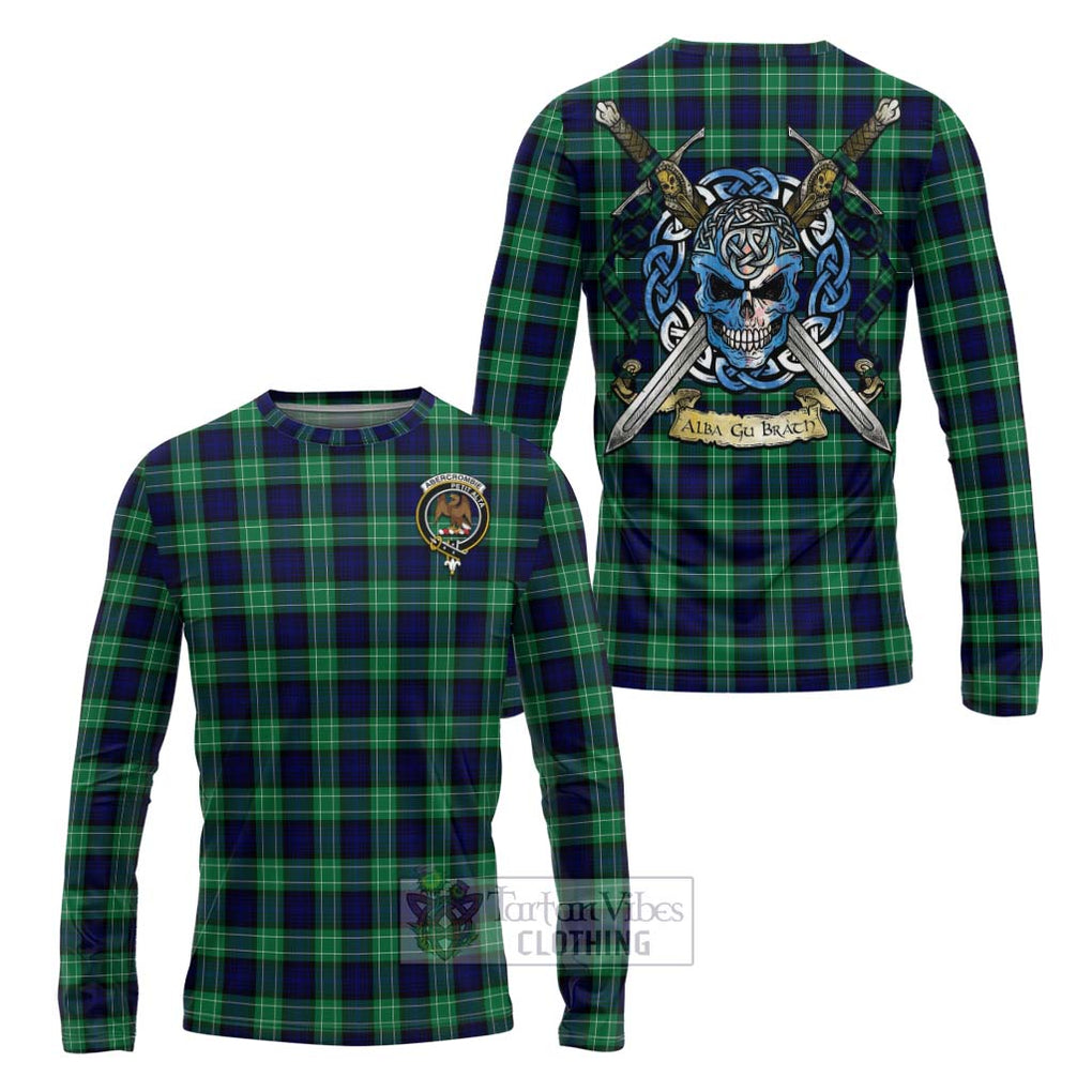 Tartan Vibes Clothing Abercrombie Tartan Long Sleeve T-Shirt with Family Crest Celtic Skull Style