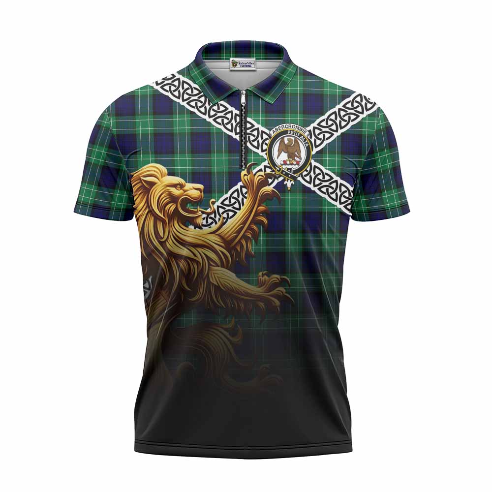 Tartan Vibes Clothing Abercrombie Crest Tartan Zipper Polo Shirt with Golden Lion Emblem Celtic Style